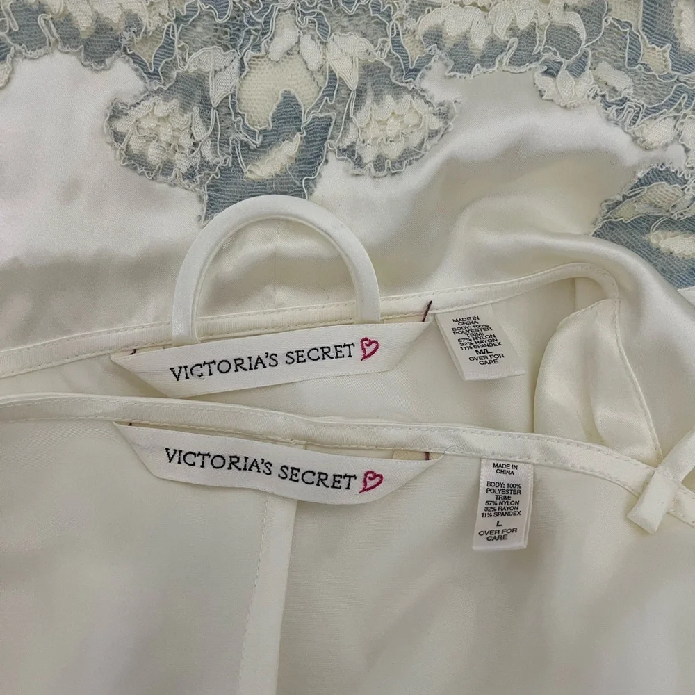 90’s Victoria’s Secret Silky Slip Dress Chemise Robe Set Bridal Set ivory blue L - Picture 11 of 11